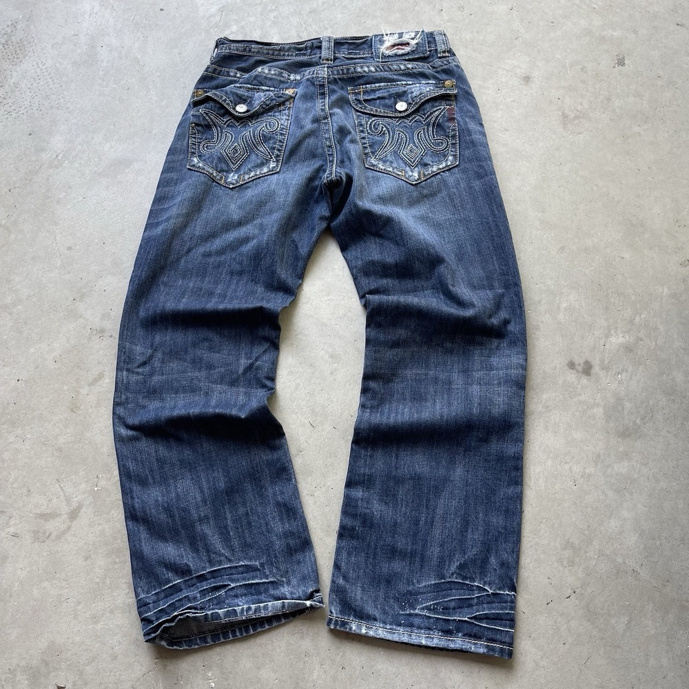 MEK Denim Jeans Mens 34x32 Blue Minsk Boot Cut Distressed Faded Skater Pockets - Picture 7 of 8
